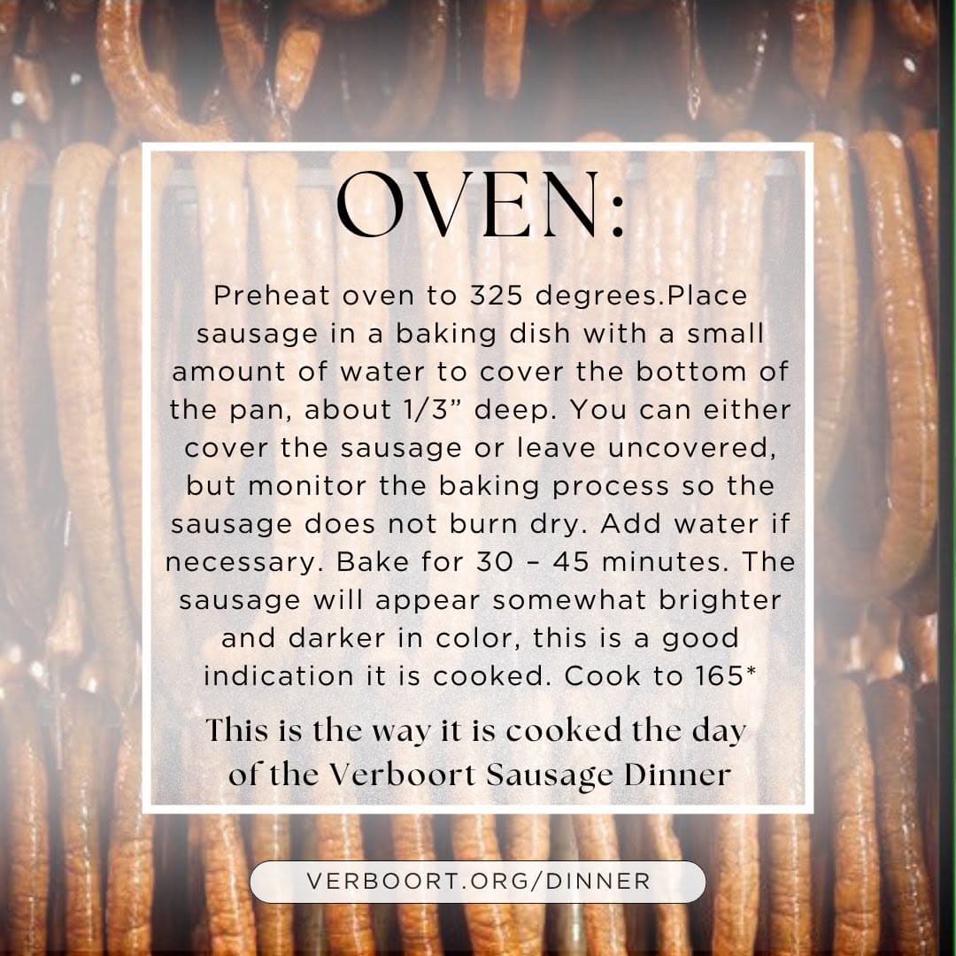 Oven cooking instructions for Verboort sausage